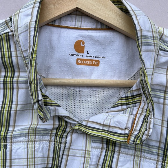 Carhartt Mens Large Green Plaid Vented Fishing Hiking Work Shirt Button Down - Picture 3 of 15